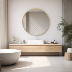 Round Gold Mirror – Large Tempered Glass Vanity with Metal Frame - Hurbane Home