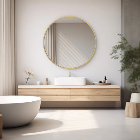 Round Gold Mirror – Large Tempered Glass Vanity with Metal Frame - Hurbane Home