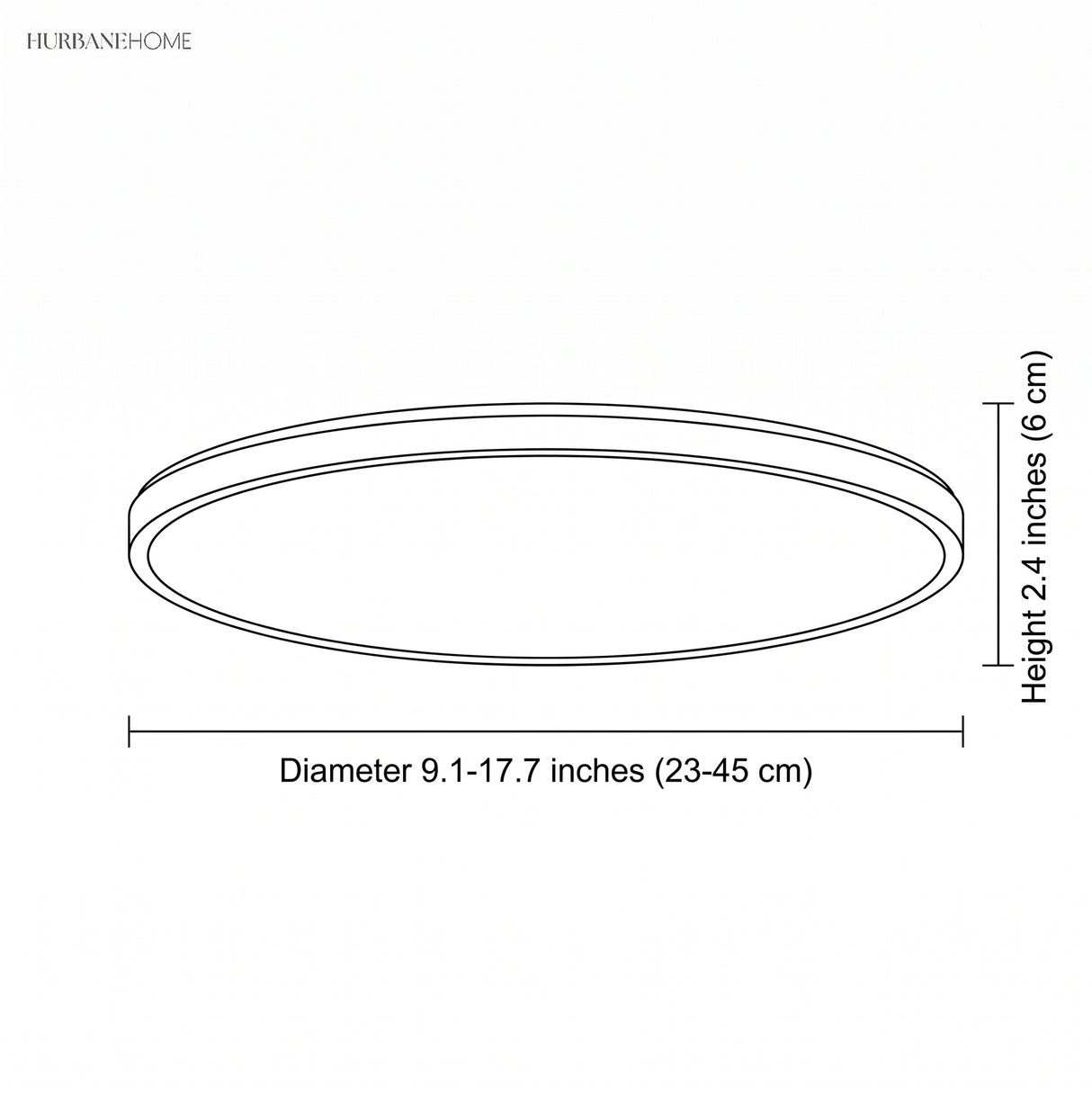 Dimension diagram: round LED ceiling light, diameter 9.1 to 17.7 inches, height 2.4 inches