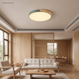 Sage green round LED ceiling light with a wood rim in a timber lined lounge