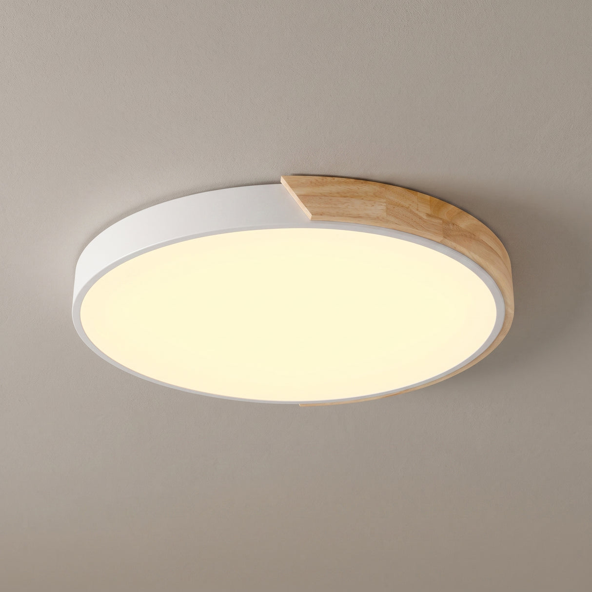 White round LED ceiling light with a wood accent segment on the rim