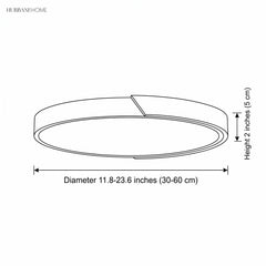 Dimension diagram for the round LED ceiling light with diameter and height marked