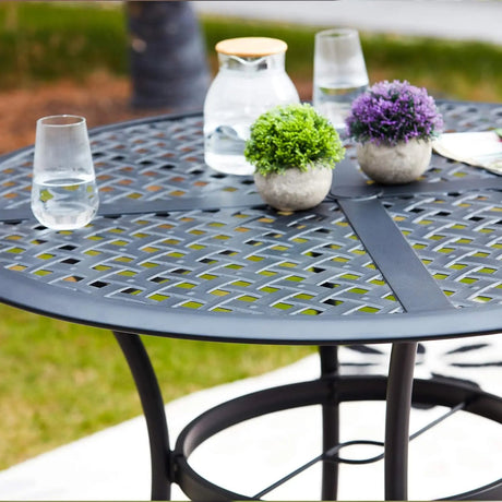 Round Outdoor Table - Wrought Iron Bistro Patio Dining With Umbrella Hole - Round Outdoor Table - Hurbane Home