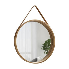 Round Wall Mirror – Wooden Frame Hanging Mirror with Leather Strap - Hurbane Home