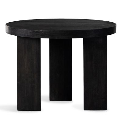 Round wooden side tables in ebony parawood finish with sculptural legs