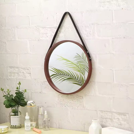 30cm round hanging bathroom mirror dark wood color