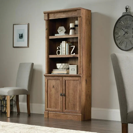 Rustic Bookshelf – Vintage Oak Bookcase with Doors - Rustic Wood Bookcase - Hurbane Home
