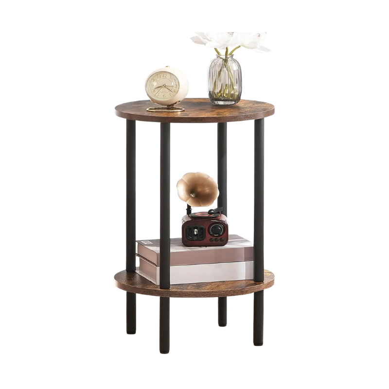 Rustic round accent table with black metal frame and two tiers