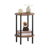 Rustic round accent table with black metal frame and two tiers