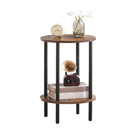 Rustic round accent table with black metal frame and two tiers