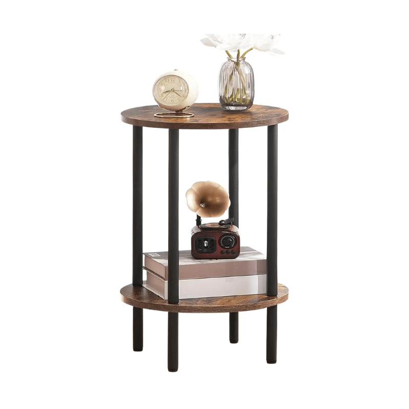 Rustic Round Side Table - Two Tier Metal Frame Accent Table - Rustic End Table - Hurbane Home