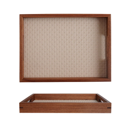 Rustic wood decorative tray styled with jewelry and watch on nightstand