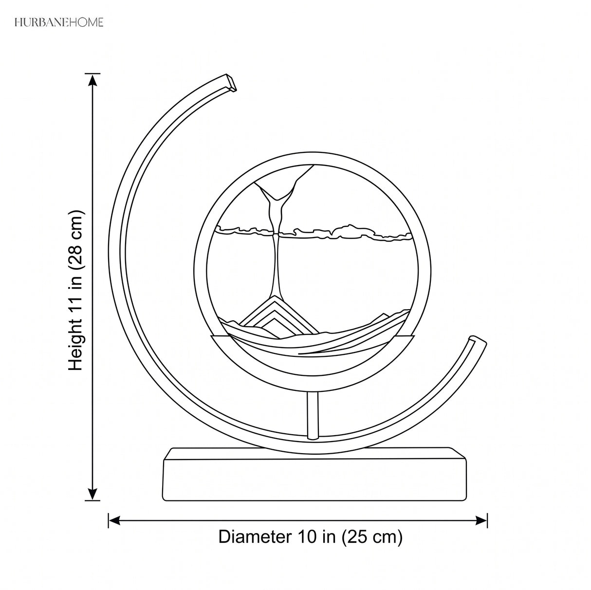 Line drawing showing sand art lamp diameter 10 inch x height 11 inch