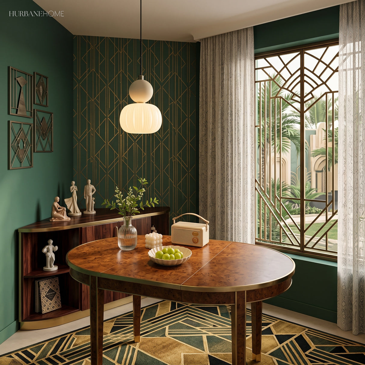 Cream ribbed art deco pendant light in a green dining room