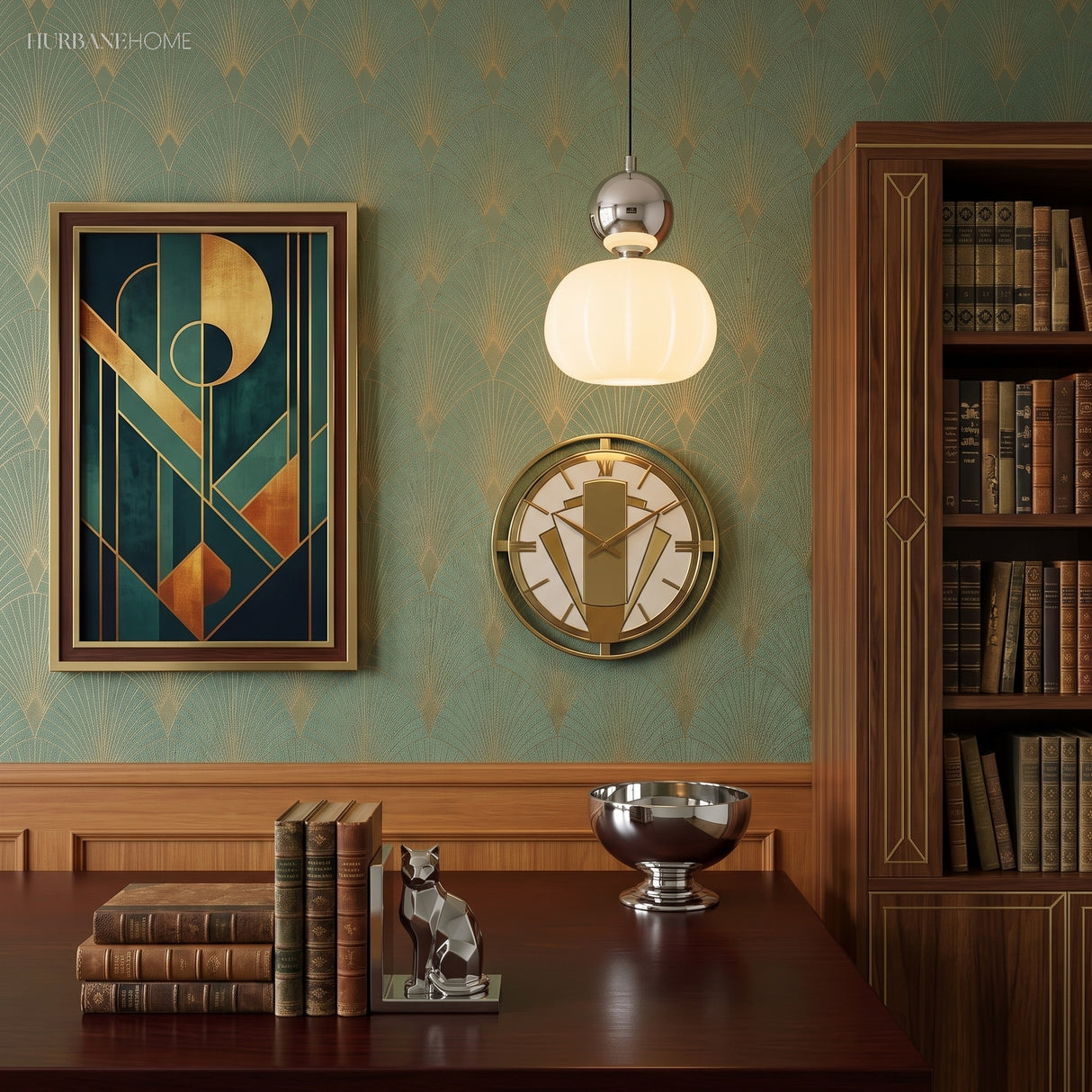 Cream art deco glass pendant light in a study with framed art