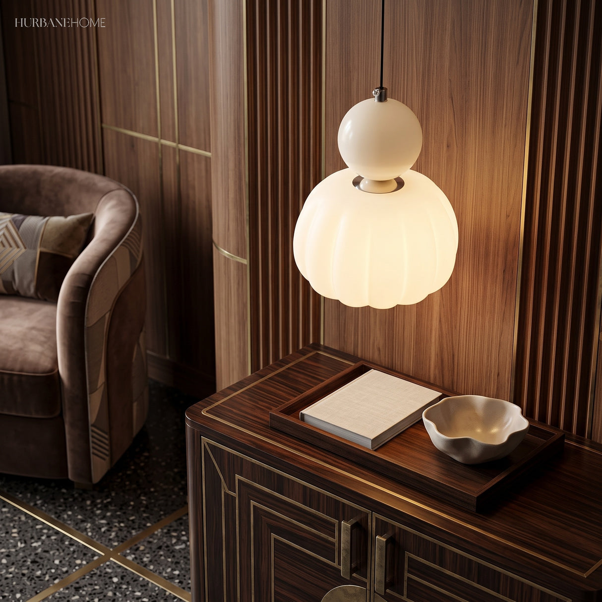 Cream ribbed pendant light in a dark wood panelled living room