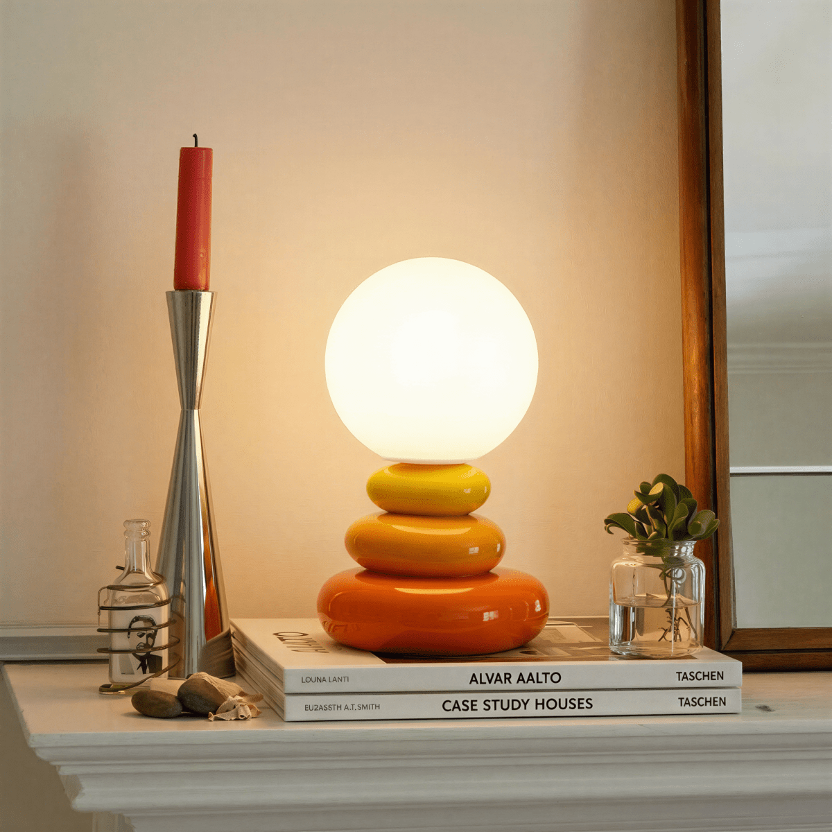 Sculptural stacked ceramic table lamp close detail view 8