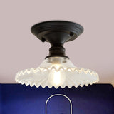 Clear scalloped ceiling light lit against a pink and blue wall