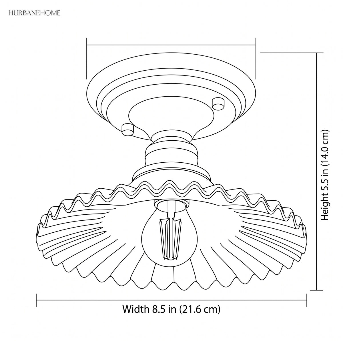 Line drawing of the ceiling light, width 8.5 in and height 5.5 in