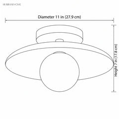 Line drawing of the light with diameter 11 in and height 7 in