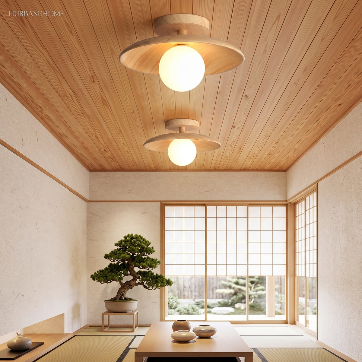 Two wood ceiling lights on a warm timber ceiling in a tatami room