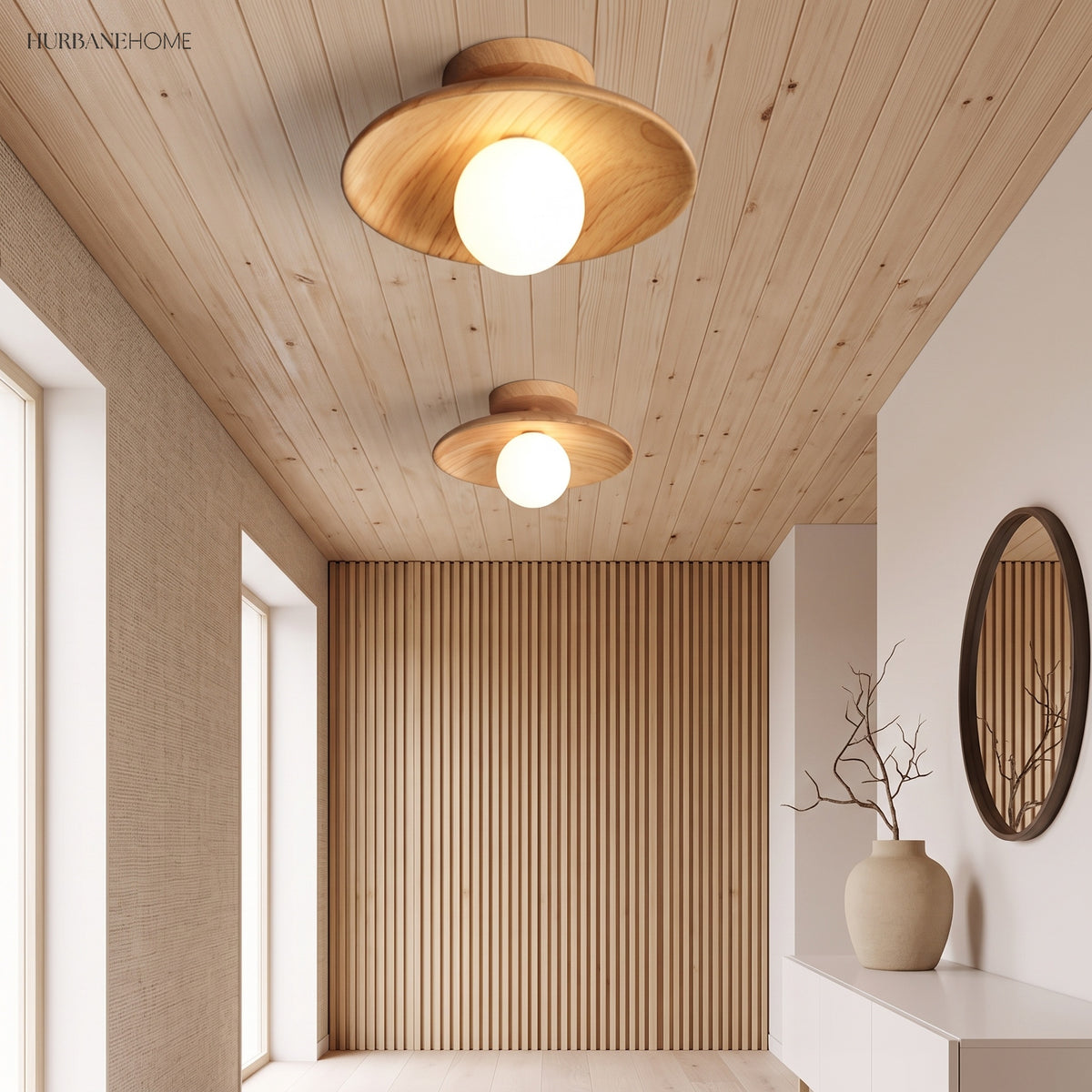 Wood ceiling lights fitted to a slatted timber hallway ceiling