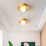 Two wood ceiling lights lit in a white hallway beside a plant
