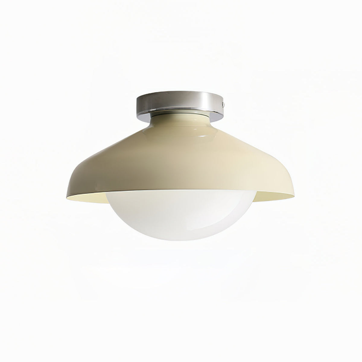 Beige dome ceiling light with a silver ceiling canopy and opal glass globe