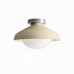 Beige dome ceiling light with a silver ceiling canopy and opal glass globe