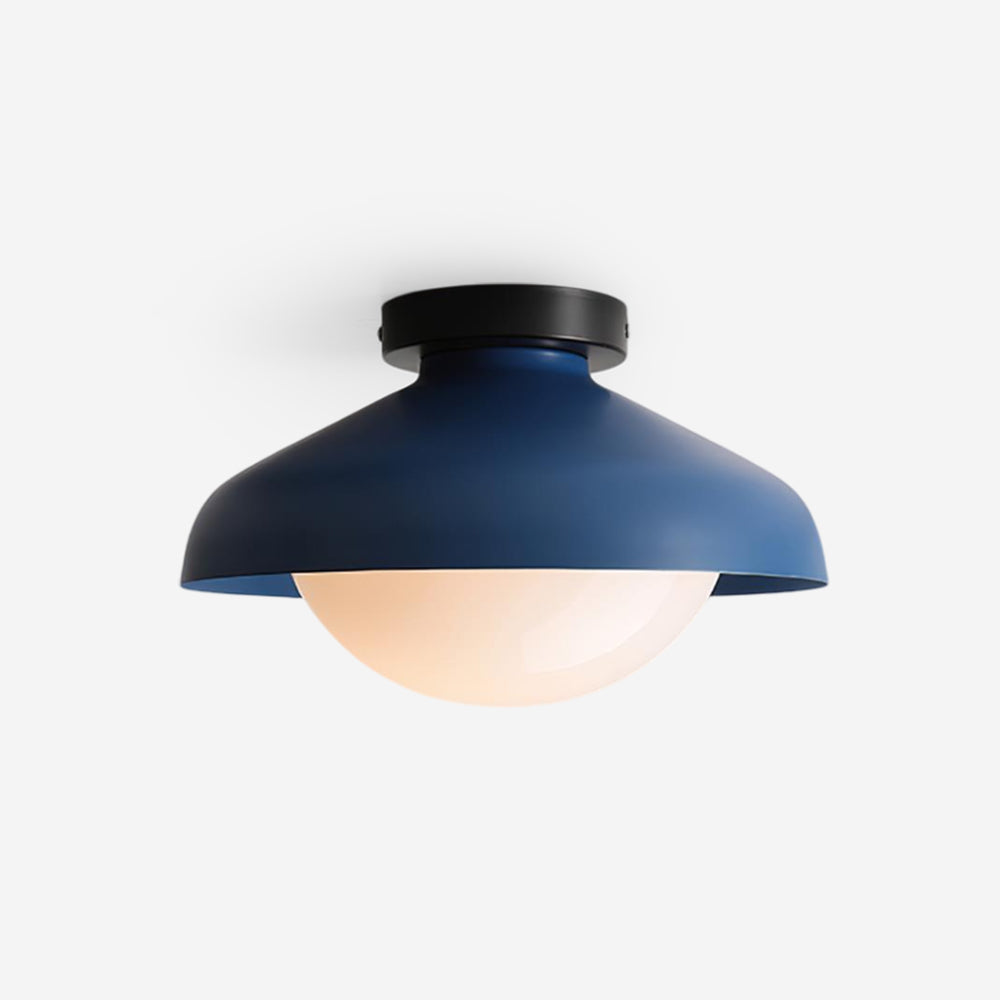 Blue metal dome ceiling light with a white glass globe on a plain background
