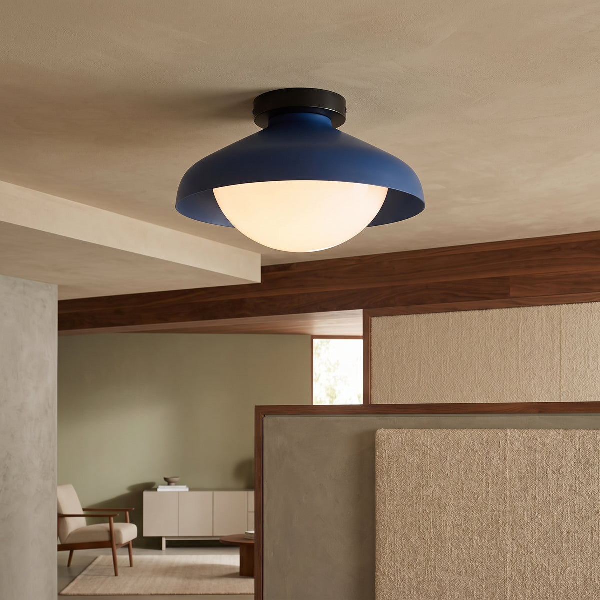 Blue dome semi flush mount ceiling light with an opal white glass globe