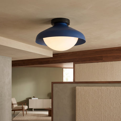 Blue dome semi flush mount ceiling light with an opal white glass globe