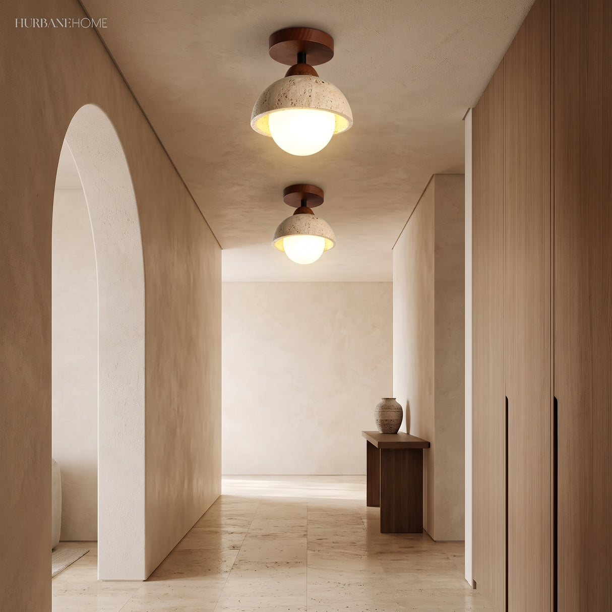 Two stone dome semi flush ceiling lights lighting a neutral hallway