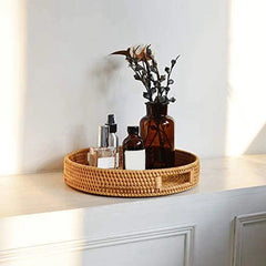Serving Tray with Handles – Handwoven Round Rattan Rustic Table Organizer - Hurbane Home