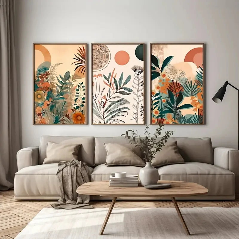 Set of 3 flower canvas displayed above modern bed