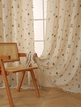 Sheer Linen Curtain – Beige Embroidered Fringe Rustic Window Panel - Hurbane Home