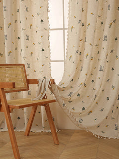 Sheer Linen Curtain – Beige Embroidered Fringe Rustic Window Panel - Hurbane Home