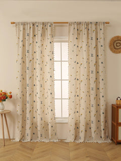Sheer Linen Curtain – Beige Embroidered Fringe Rustic Window Panel - Hurbane Home