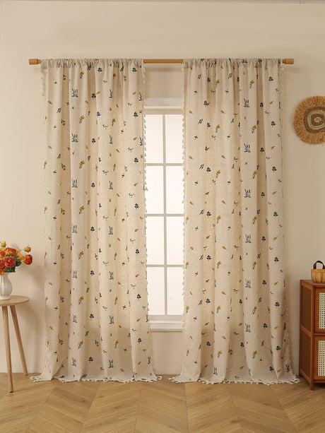 Sheer Linen Curtain – Beige Embroidered Fringe Rustic Window Panel - Hurbane Home