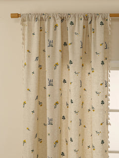 Sheer Linen Curtain – Beige Embroidered Fringe Rustic Window Panel - Hurbane Home