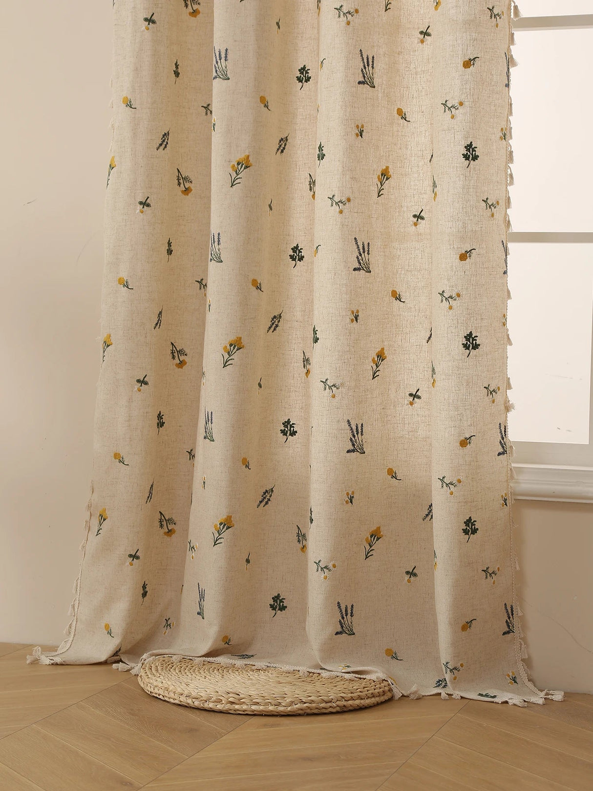 Sheer Linen Curtain – Beige Embroidered Fringe Rustic Window Panel - Hurbane Home