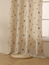 Sheer Linen Curtain – Beige Embroidered Fringe Rustic Window Panel - Hurbane Home