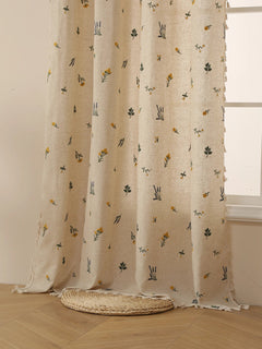 Sheer Linen Curtain – Beige Embroidered Fringe Rustic Window Panel - Hurbane Home