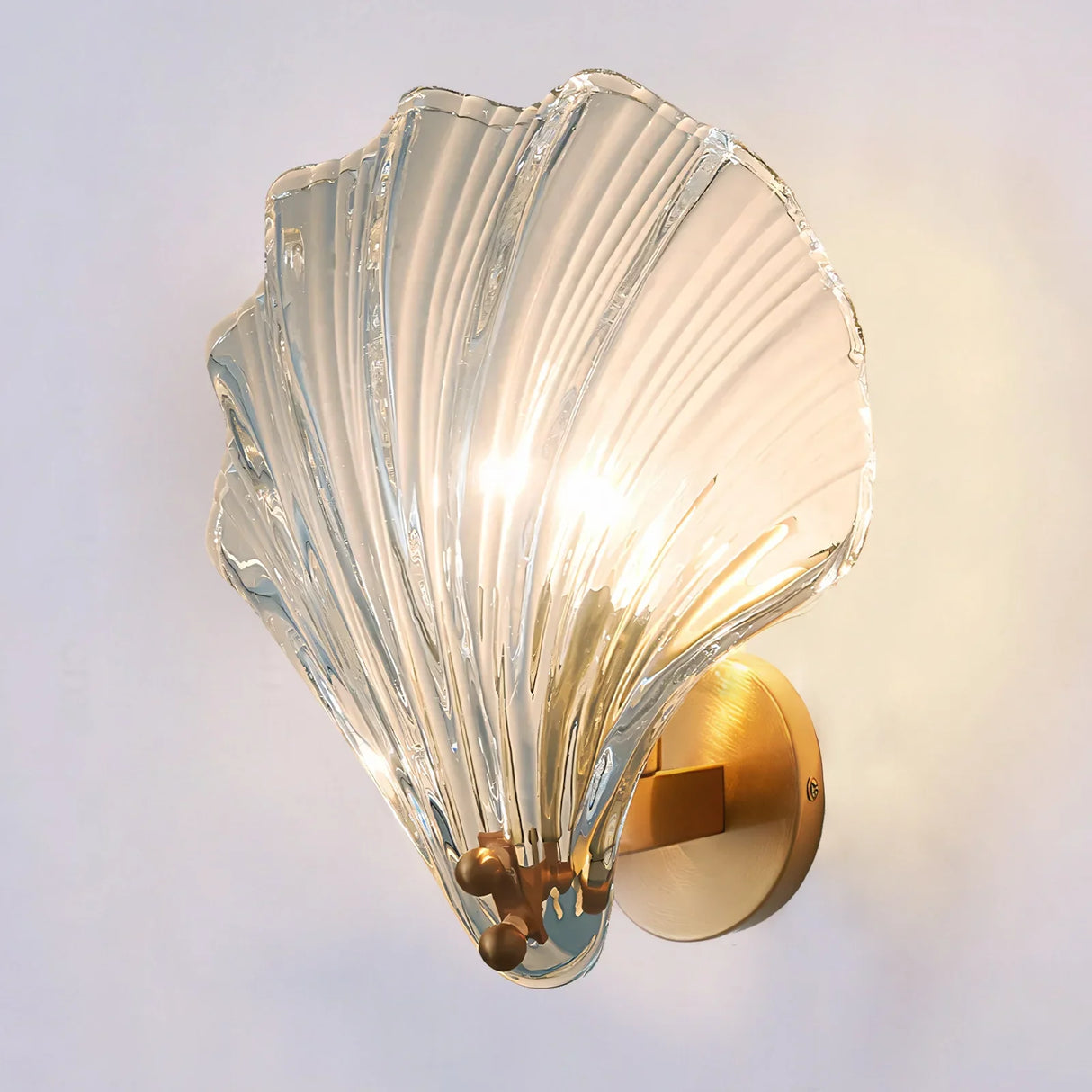 Transparent glass shell shade variant on the brass wall sconce base