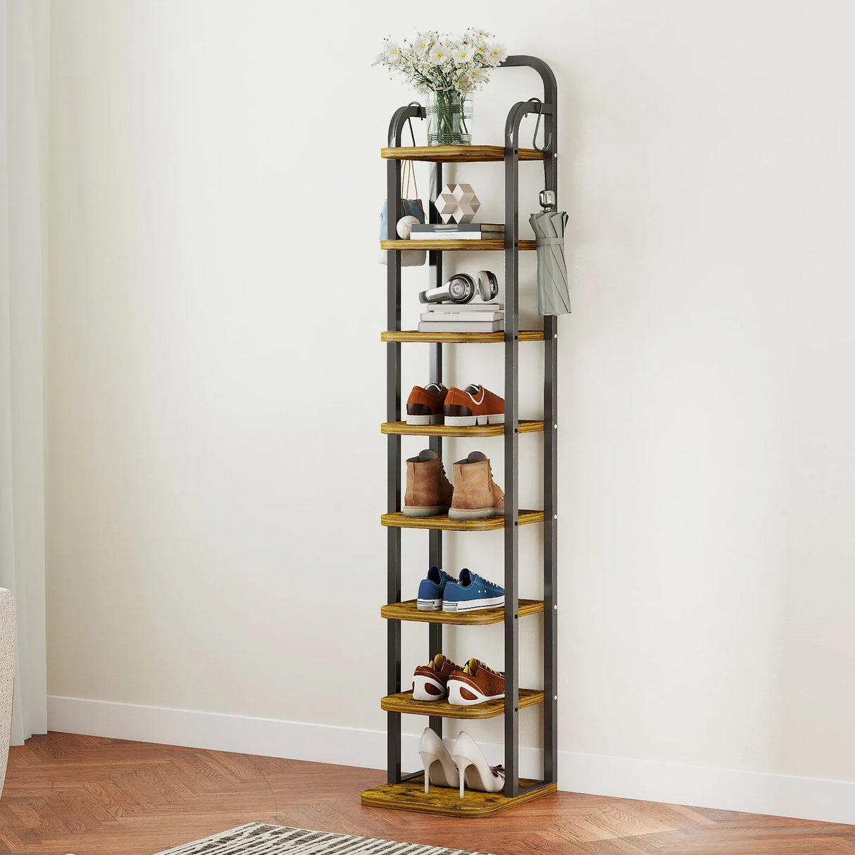 8 Tier Vertical Shoe Rack – Tall Narrow Organizer with Hooks.
