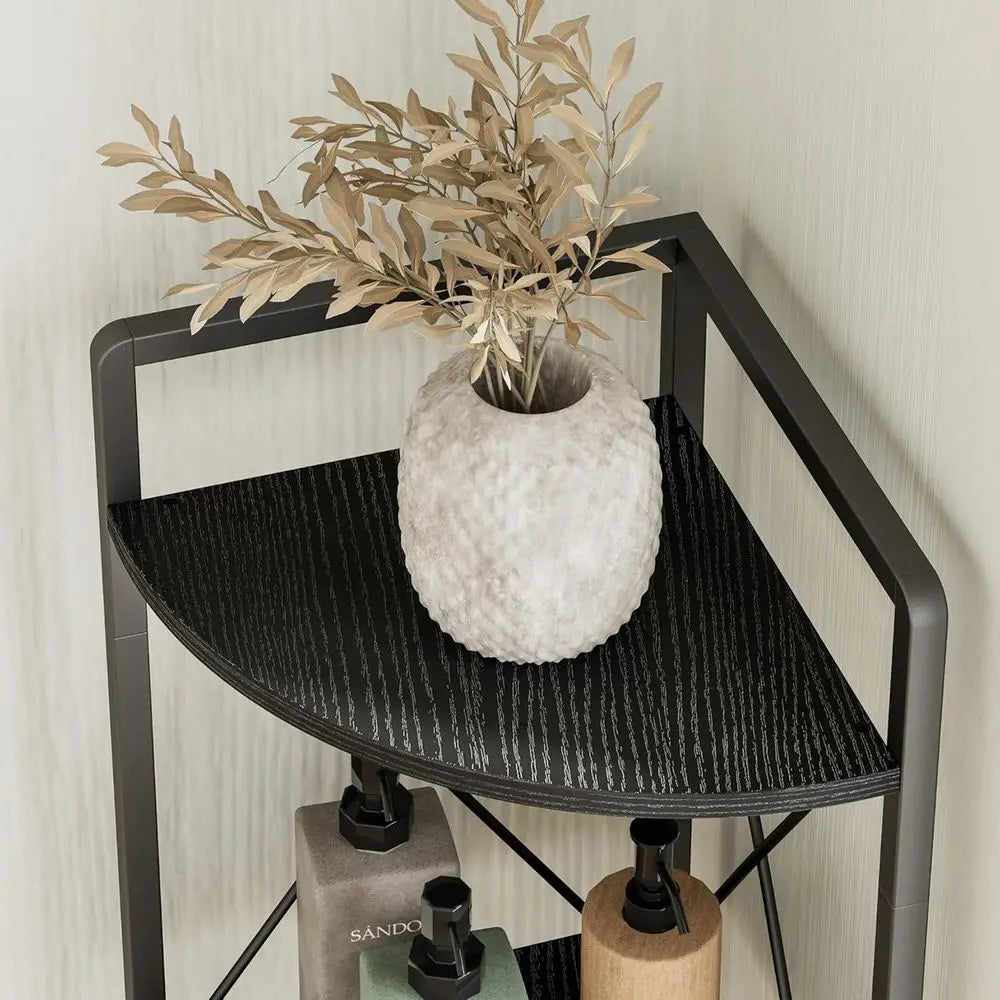 Simple metal rack styled as tall corner display shelf