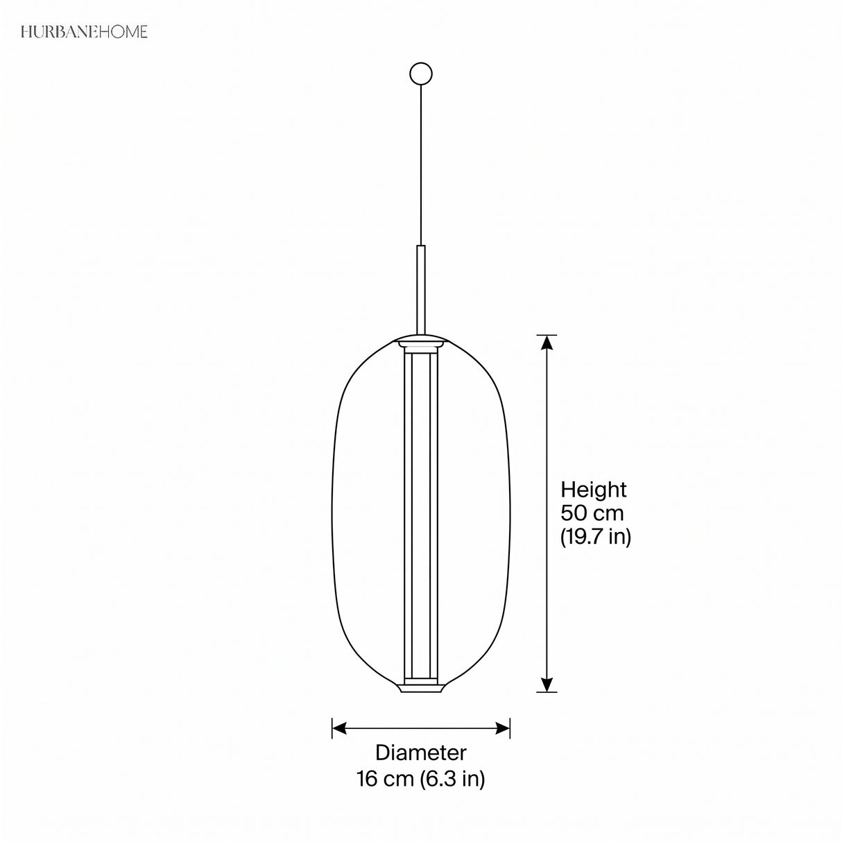 Dimension drawing of the glass pendant light showing diameter and height in inches