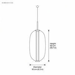 Dimension drawing of the glass pendant light showing diameter and height in inches