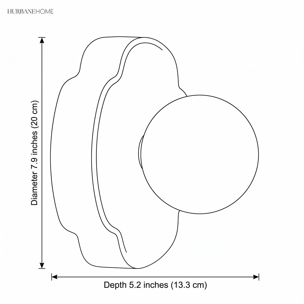 Line drawing of the wall sconce showing 7.9 inch diameter and 5.2 inch depth