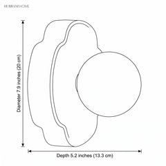 Line drawing of the wall sconce showing 7.9 inch diameter and 5.2 inch depth